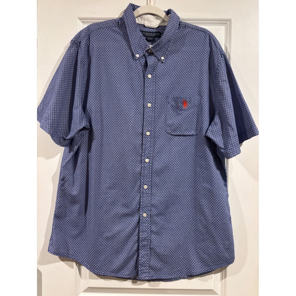 US Polo Assn Mens XL Blue White Geometric Short Sleeve Button Down Shirt Cotton